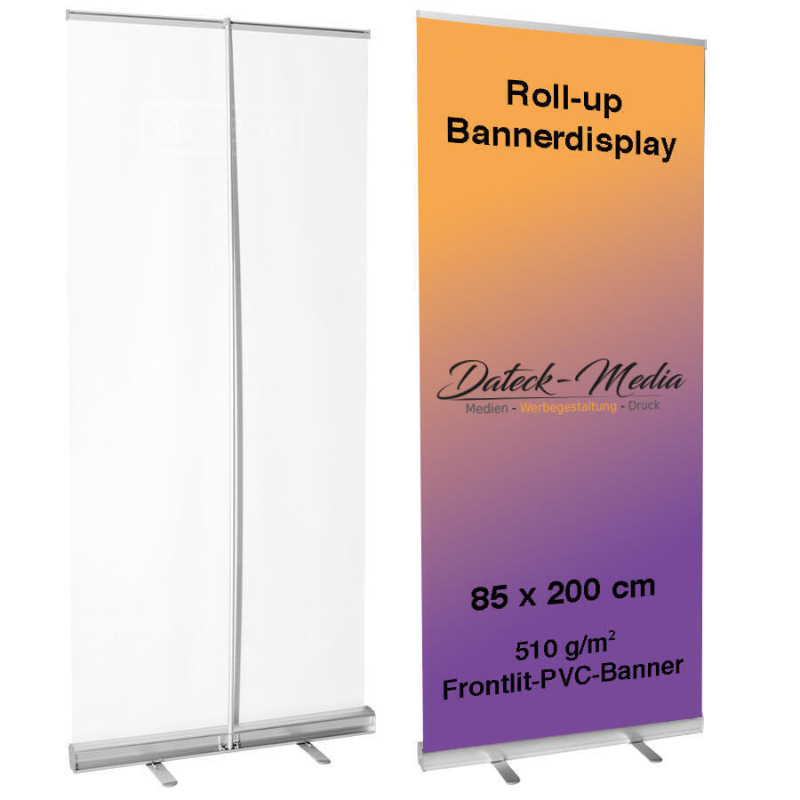 Roll-up Bannerdisplay 85 x 200 cm mit Kassette, Tasche und Druck auf 510g PVC