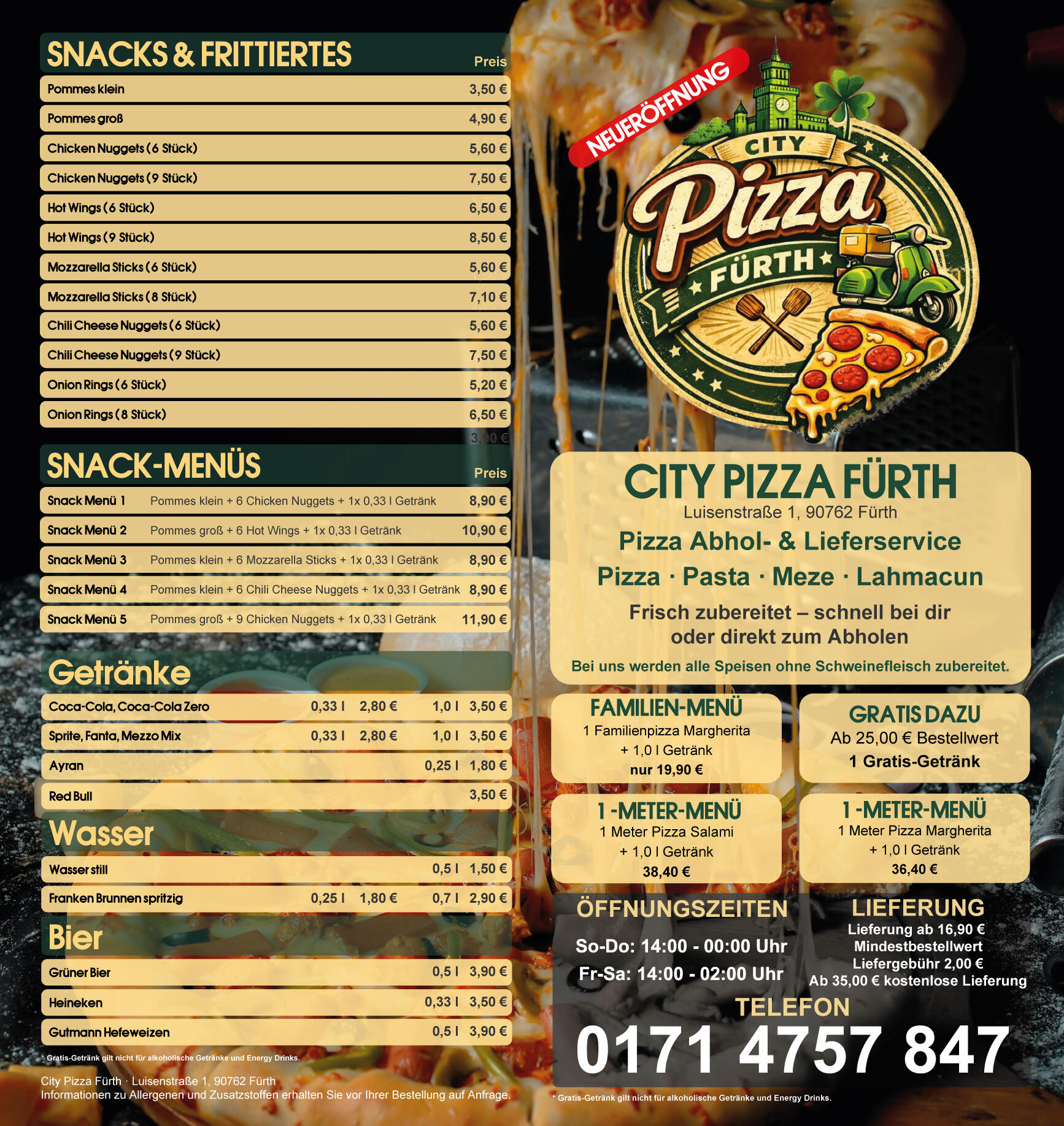 Flyer Speisekarte City Pizza Fürth