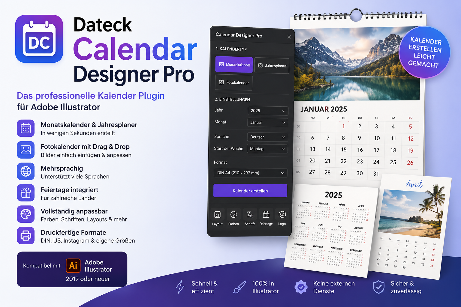 Dateck Calendar Designer Pro – Adobe Illustrator Plugin für Monatskalender, Jahresplaner und Fotokalender