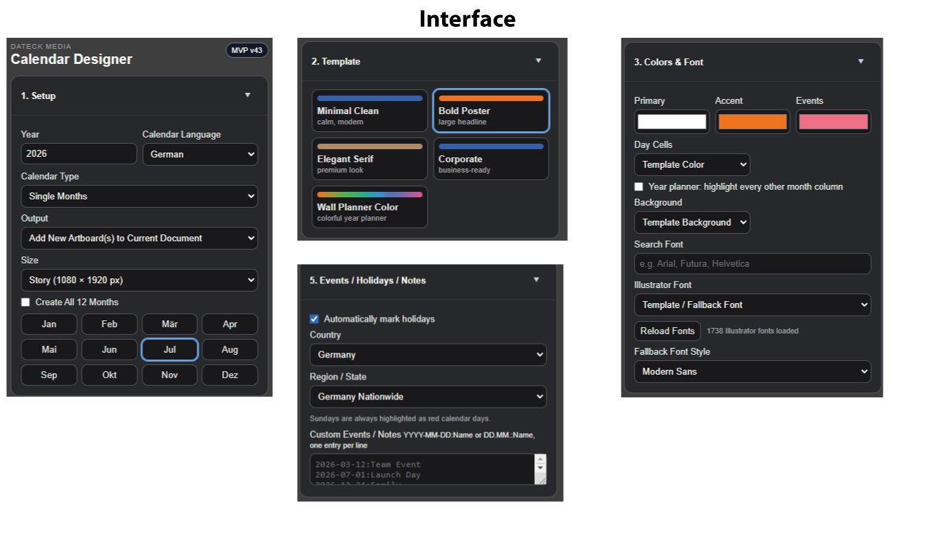 Dateck Calendar Designer Pro Interface in Adobe Illustrator