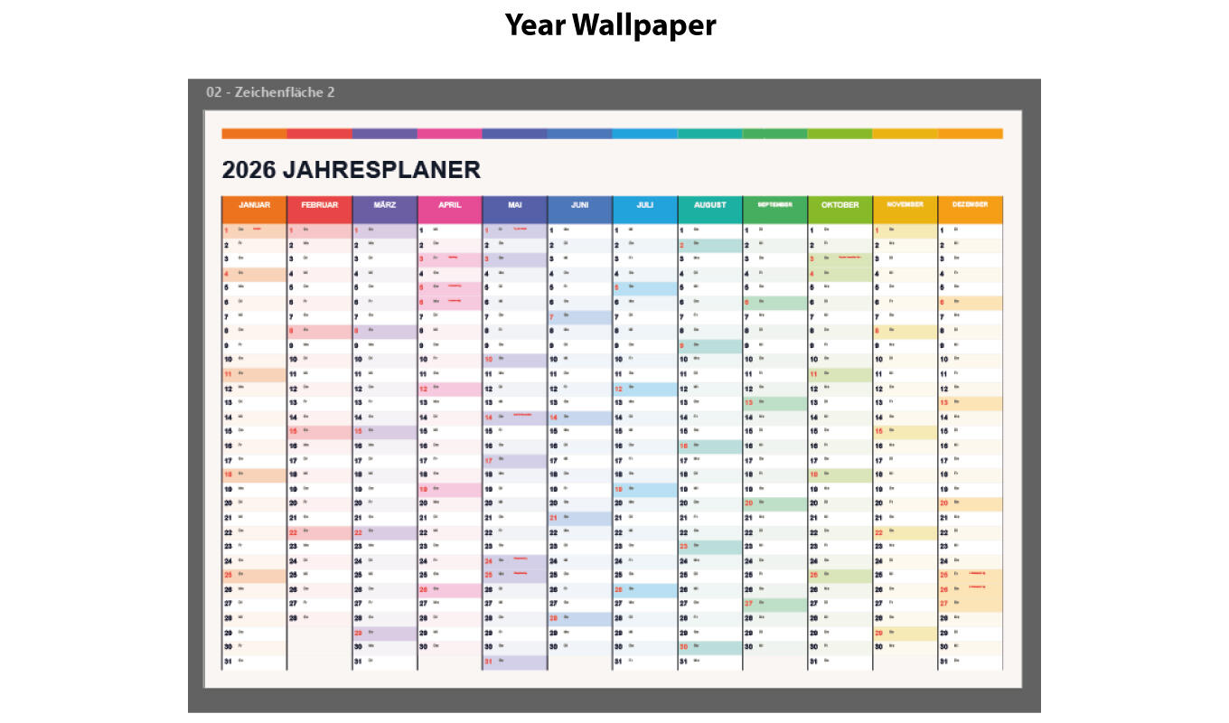 Jahresplaner erstellt mit Adobe Illustrator Kalender Plugin