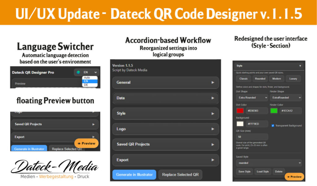 Dateck QR Code Designer PRO 1.1.5 ist da auf Adobe Exchange