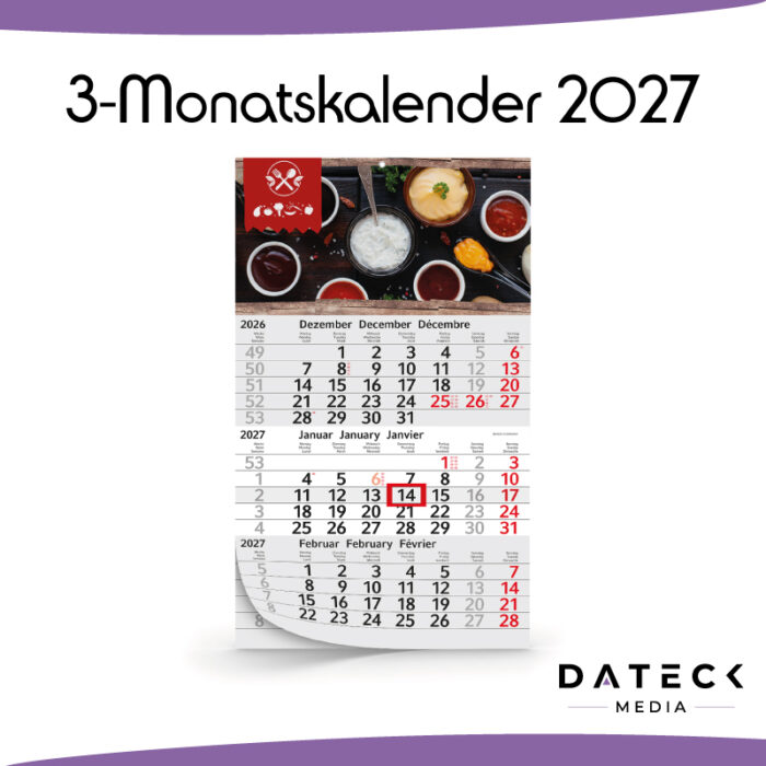 3-Monatskalender 2027 mit individuell bedrucktem Kopfteil und vormontiertem Datumsschieber